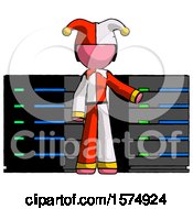 Poster, Art Print Of Pink Jester Joker Man With Server Racks In Front Of Two Networked Systems