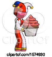 Poster, Art Print Of Pink Jester Joker Man Holding Large Cupcake Ready To Eat Or Serve