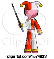 Poster, Art Print Of Pink Jester Joker Man Standing Up With Ninja Sword Katana