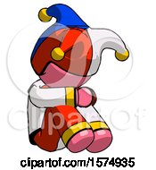 Pink Jester Joker Man Sitting With Head Down Facing Angle Right