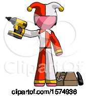 Poster, Art Print Of Pink Jester Joker Man Holding Drill Ready To Work Toolchest And Tools To Right