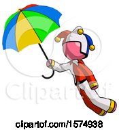 Poster, Art Print Of Pink Jester Joker Man Flying With Rainbow Colored Umbrella