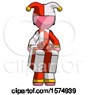 Poster, Art Print Of Pink Jester Joker Man Gifting Present With Large Bow Front View