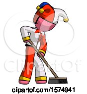 Poster, Art Print Of Pink Jester Joker Man Cleaning Services Janitor Sweeping Side View