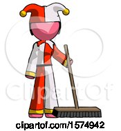 Pink Jester Joker Man Standing With Industrial Broom