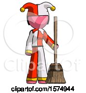 Poster, Art Print Of Pink Jester Joker Man Standing With Broom Cleaning Services