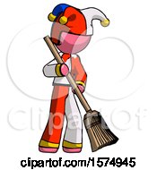 Poster, Art Print Of Pink Jester Joker Man Sweeping Area With Broom