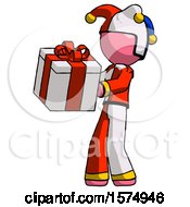 Poster, Art Print Of Pink Jester Joker Man Presenting A Present With Large Red Bow On It