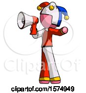 Poster, Art Print Of Pink Jester Joker Man Shouting Into Megaphone Bullhorn Facing Left