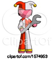 Poster, Art Print Of Pink Jester Joker Man Holding Large Wrench With Both Hands