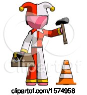 Poster, Art Print Of Pink Jester Joker Man Under Construction Concept Traffic Cone And Tools
