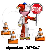 Poster, Art Print Of Pink Jester Joker Man Holding Stop Sign By Traffic Cones Under Construction Concept