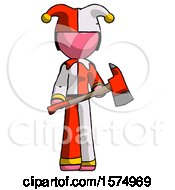 Poster, Art Print Of Pink Jester Joker Man Holding Red Fire Fighters Ax