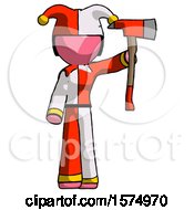 Poster, Art Print Of Pink Jester Joker Man Holding Up Red Firefighters Ax