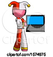 Pink Jester Joker Man Holding Laptop Computer Presenting Something On Screen