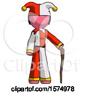 Poster, Art Print Of Pink Jester Joker Man Standing With Hiking Stick