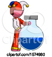 Poster, Art Print Of Pink Jester Joker Man Standing Beside Large Round Flask Or Beaker