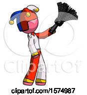 Poster, Art Print Of Pink Jester Joker Man Dusting With Feather Duster Upwards