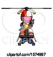 Poster, Art Print Of Pink Jester Joker Man Flying In Gyrocopter Front View