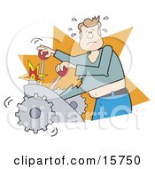 Nervous Man Operating A Machine And Getting His Shirt Ripped Off After Not Being Careful Clipart Illustration