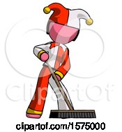 Pink Jester Joker Man Cleaning Services Janitor Sweeping Floor With Push Broom
