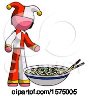 Poster, Art Print Of Pink Jester Joker Man And Noodle Bowl Giant Soup Restaraunt Concept