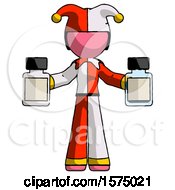 Pink Jester Joker Man Holding Two Medicine Bottles