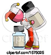 Poster, Art Print Of Pink Jester Joker Man Holding Large White Medicine Bottle With Bottle In Background