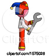 Poster, Art Print Of Pink Jester Joker Man Using Wrench Adjusting Something To Right