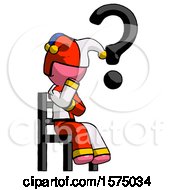 Poster, Art Print Of Pink Jester Joker Man Question Mark Concept Sitting On Chair Thinking