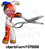 Pink Jester Joker Man Holding Giant Scissors Cutting Out Something