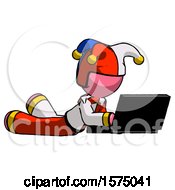 Poster, Art Print Of Pink Jester Joker Man Using Laptop Computer While Lying On Floor Side Angled View