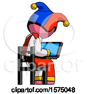 Pink Jester Joker Man Using Laptop Computer While Sitting In Chair View From Back