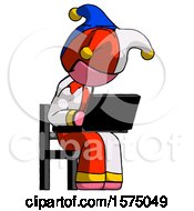 Poster, Art Print Of Pink Jester Joker Man Using Laptop Computer While Sitting In Chair Angled Right