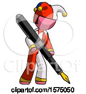 Poster, Art Print Of Pink Jester Joker Man Drawing Or Writing With Large Calligraphy Pen