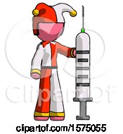Pink Jester Joker Man Holding Large Syringe