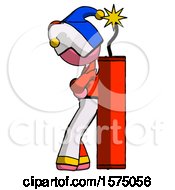 Poster, Art Print Of Pink Jester Joker Man Leaning Against Dynimate Large Stick Ready To Blow