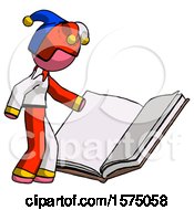 Poster, Art Print Of Pink Jester Joker Man Reading Big Book While Standing Beside It