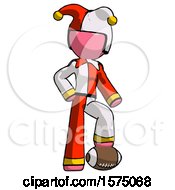 Poster, Art Print Of Pink Jester Joker Man Standing With Foot On Football