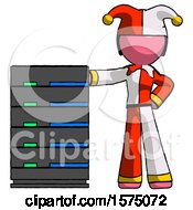 Poster, Art Print Of Pink Jester Joker Man With Server Rack Leaning Confidently Against It