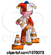 Pink Jester Joker Man Holding A Traffic Cone