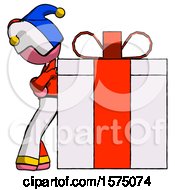 Poster, Art Print Of Pink Jester Joker Man Gift Concept - Leaning Against Large Present