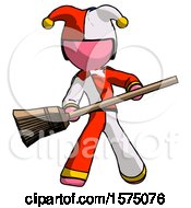 Poster, Art Print Of Pink Jester Joker Man Broom Fighter Defense Pose