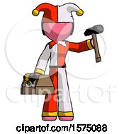 Poster, Art Print Of Pink Jester Joker Man Holding Tools And Toolchest Ready To Work
