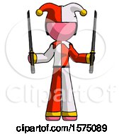 Pink Jester Joker Man Posing With Two Ninja Sword Katanas Up