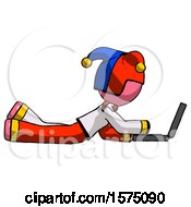 Poster, Art Print Of Pink Jester Joker Man Using Laptop Computer While Lying On Floor Side View