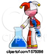Poster, Art Print Of Pink Jester Joker Man Holding Test Tube Beside Beaker Or Flask