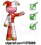 Poster, Art Print Of Pink Jester Joker Man Standing By List Of Checkmarks