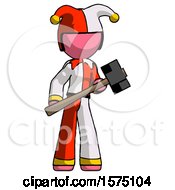Poster, Art Print Of Pink Jester Joker Man With Sledgehammer Standing Ready To Work Or Defend