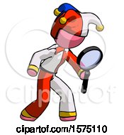 Poster, Art Print Of Pink Jester Joker Man Inspecting With Large Magnifying Glass Right